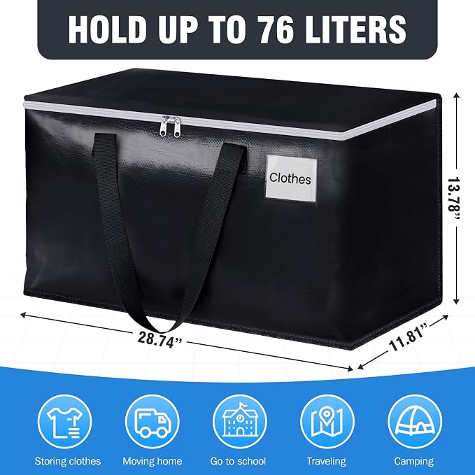 Heavy Duty Moving Bags, Extra Large Storage Bags, 76L, 4-Pack, Black | Foldable, with Zippers, Tag Pocket & Handles, Reusable, Space-saving, Water-Resistant, for moving & storage, Versatile Use