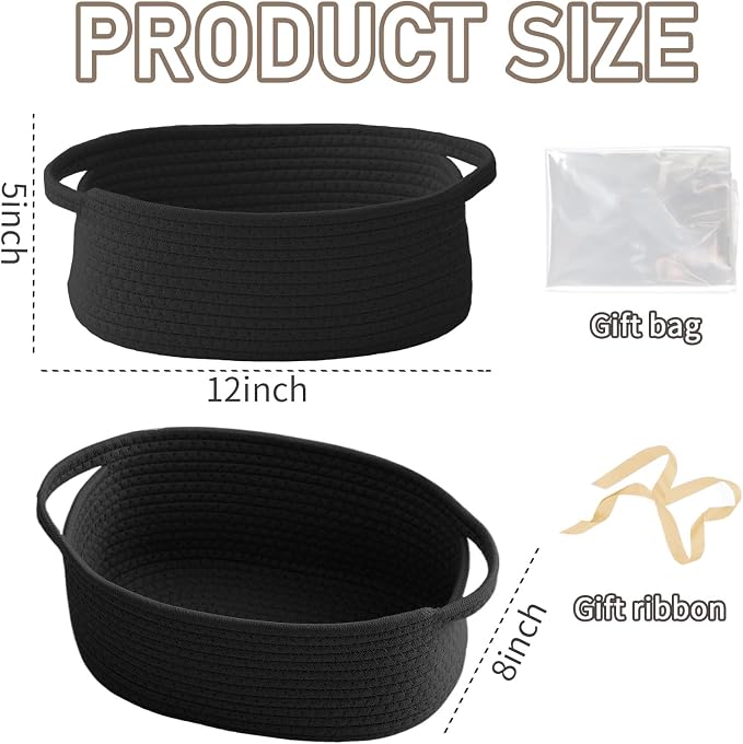 JMvicyroam Small Woven Basket, Empty Gift Basket, Black/1 Pack | Small Gift Basket, Cotton Rope, 12 x 8 x 24 in, Handles, Includes Ribbon and Bag, Birthday Gift Basket