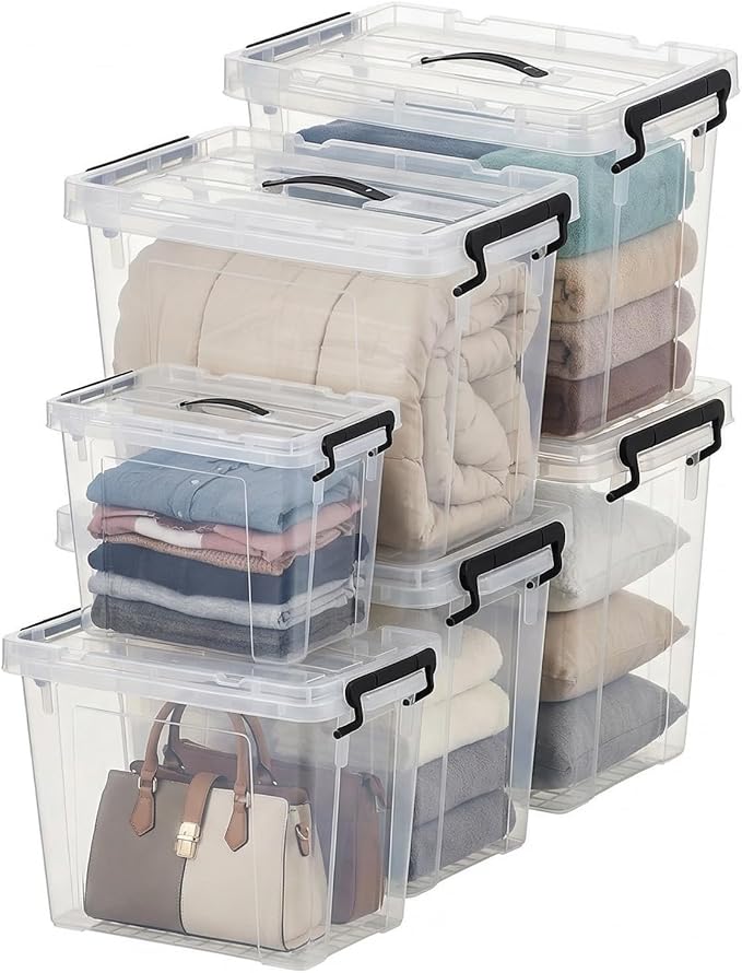 6 Pack Plastic Storage Bins with Lids | Clear Stackable Bins with Secure Latches and Handles Heavy-Duty Storage Containers For Home Office and Garage Organization