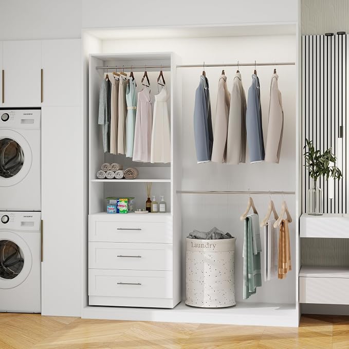 Closet System with 3 Drawers, 5-9FT Modular Organizer | Walk-in Closet Organizer System with 5 Expandable Hanging Rods, 1 Shelves, Wall Mounted Built-in Customized Storage System