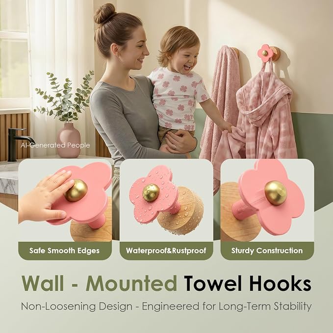 Tindbea Upgreded Heavy Duty Coat Rack Wall Mount for Entryway, Kids' Room | Cheery Wood，Pink