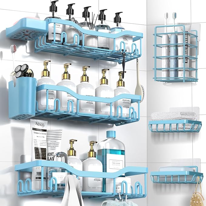 NESOMI Shower Caddy Adhesive Shower Organizer 8-Pack, Rustproof Stainless Steel Bathroom Shelves, Large Capacity No-Drill Rack Storage Accessories with Soap Dish Toothbrush Holder Hooks