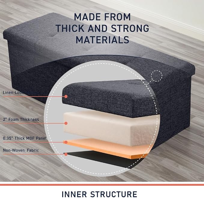Ornavo Home 43 Inch Folding Extra Large Storage Bench, Linen, Black | Upholstered Tufted Ottoman with Lid; Foot Rest Stool; Ideal for Bedroom, Living Room or Entryway