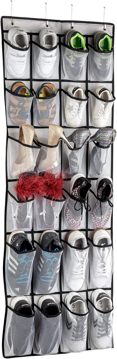 SAVERHO Over the Door Shoe Organizer, Hanging Shoe Organizer with 24 Mesh Large Pockets Door Shoe Rack Organizer for Men Women Kids Hanging Shoe Storage Bag.(White
