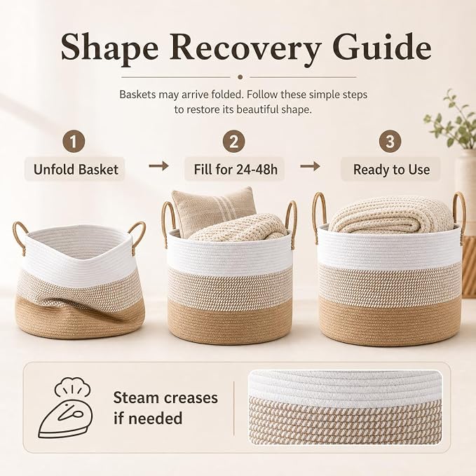 JMvicyroam 115L Extra Large Machine Washable Cotton Rope Blanket Basket | Collapsible laundry hamper, Reinforced handles, For blankets,pillows,toys and clothes, Living room and bedroom,White&Jute Mix