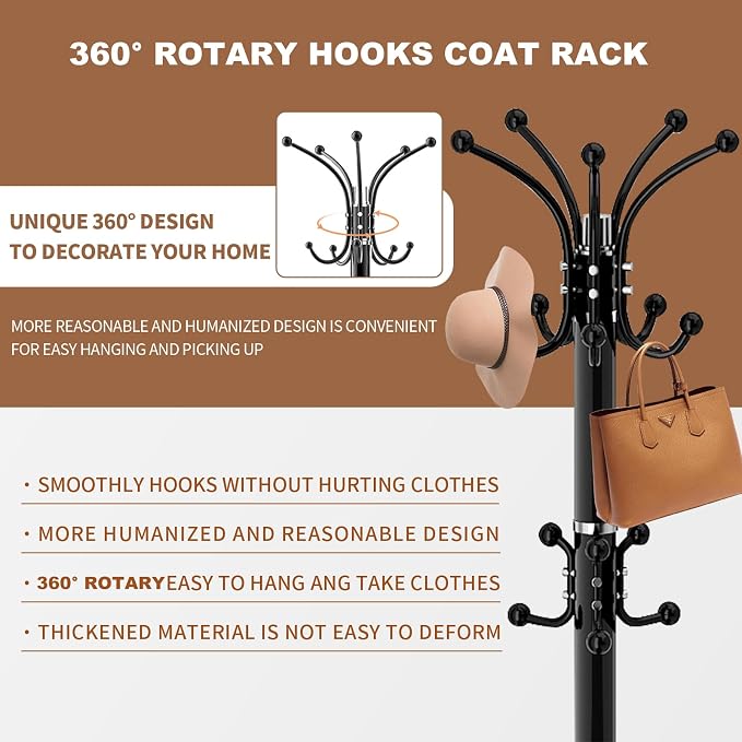 Coat Rack Stand 360°Rotary Coat Rack Freestanding with 16 Hooks | Modern Metal Coat Rack with Natural Marble Base,Coat Hanger Stand, Black Coat Hall Clothes Tree for Hallway,Entryway,Office