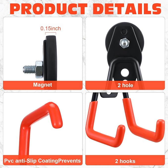 Landhoow 4 Pcs Large Magnetic Hooks Heavy Duty Garage Magnet Hooks Strong Storage Utility Magnetic Hangers with Anti Slip Rubber Coating for Indoor and Outdoor Hanging (Orange)