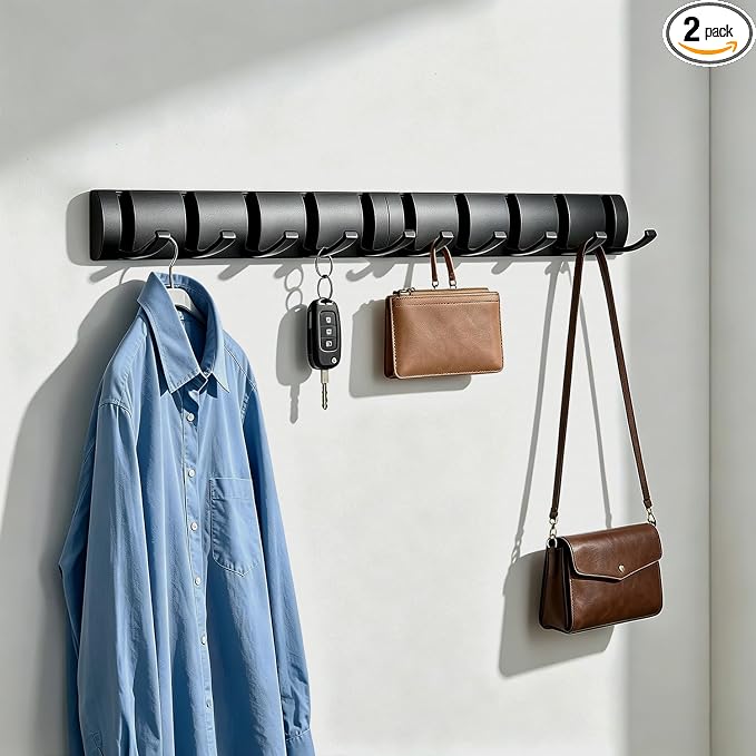 Folding Coat Hooks, Wall Mounted Coat Rack with 10 Retractable Hooks,Heavy Duty Towel Rack for Bathroom Wall Hook for Hanging Clothes Bathrobe, Stainless Steel Coat Hanger for Entryway(Black)