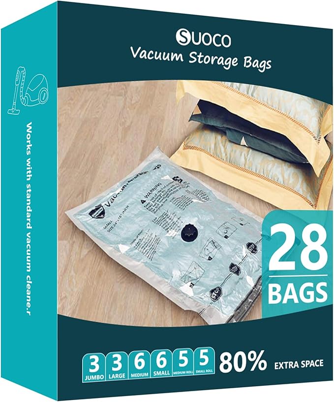 Vacuum Storage Bags, Compression Packing Space Saver Seal Bags for Clothing Bedding Comforters Blankets Pillows, 28 Combo