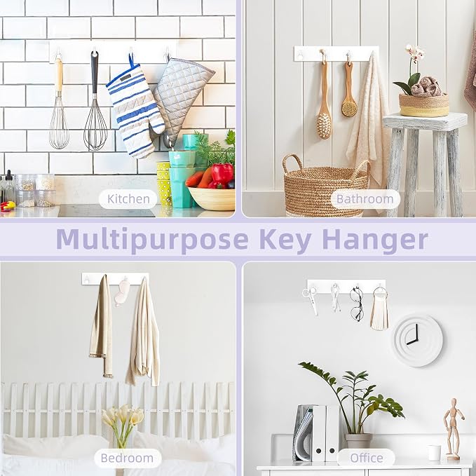 VIS'V Key Holder Wall Mount, Large Adhesive Key Hanger with 4 Hooks, White | Metal Material, No Drilling, Extra Adhesive Strip, Suitable for Entryway, Hallway, Doorway, Kitchen, Garage, Camper