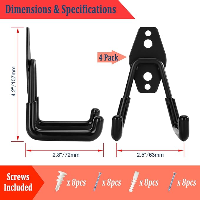 4 Pack Garage Hooks Heavy Duty, Garage Tool Organizer Wall Mount | Utility Organizer, Steel Utility Storage Hooks for Ladders, Garden Tools, Bike, Ropes, Bulk Items