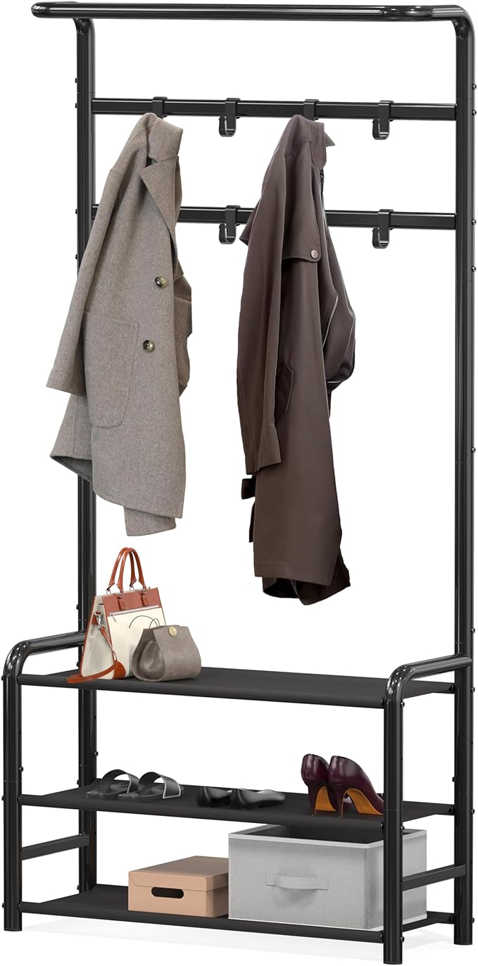 Simple Houseware Coat Rack with Shelf, Standing Hall Tree with Hooks, Black | For Entryway, Bedroom, Office, Black Metal Clothes Hanger Stand for Coats, Hats, Jackets, Bags