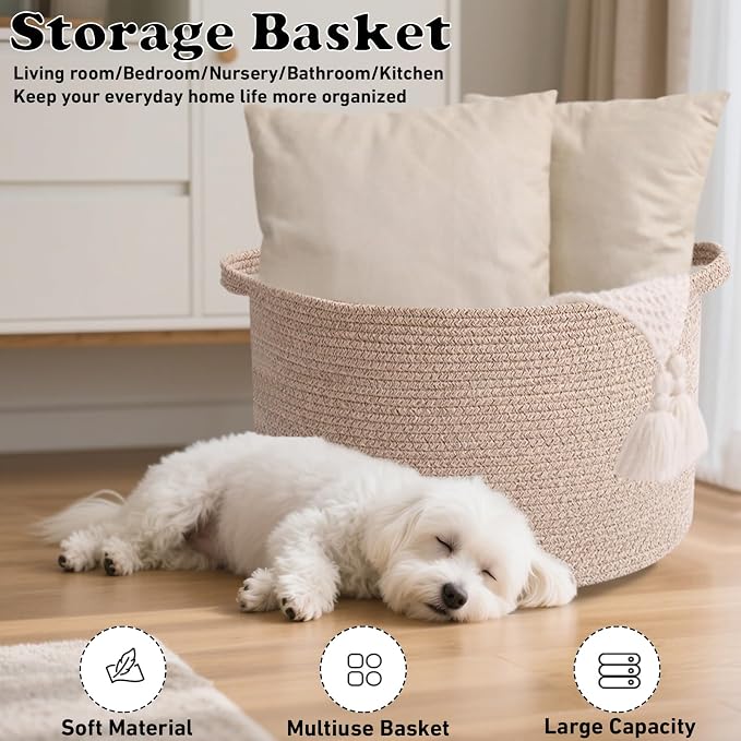 65L Large Blanket Basket,Woven Rope Laundry Basket-Brown | Collapsible, reinforced handles, nursery storage bin organizes clothes, toys and pillows for living room, bedroom bathroom.