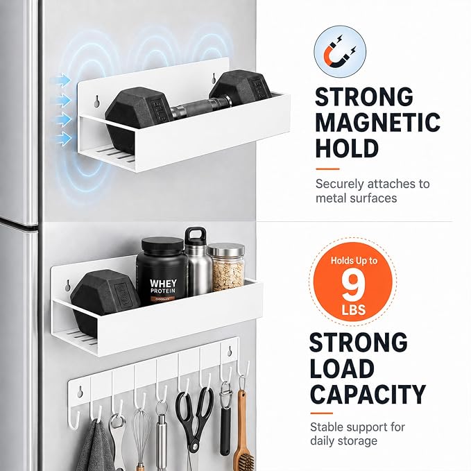 SMRCAD Metal Magnetic Spice Rack 4 Pack with Hook – Heavy-Duty | Iron construction, dust-resistant, fits condiment bottles, includes screws for optional wall mount