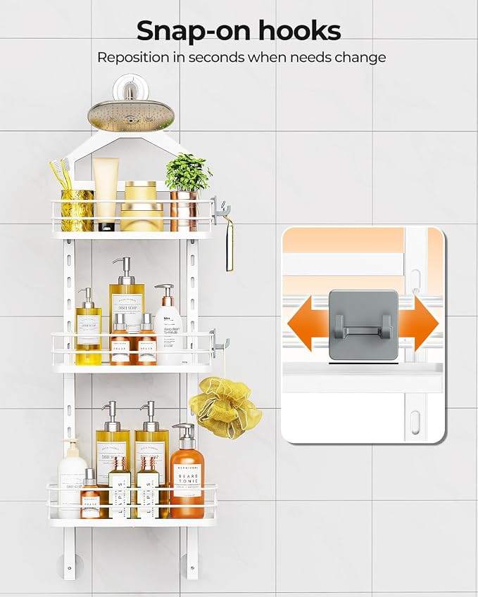 ODesign 3 Tier Adjustable Shower Caddy Hanging Over Head Anti-Swing White | Shower organizer hanging,no drilling required,comes with removable hook and storage box, suitable for indoor showers