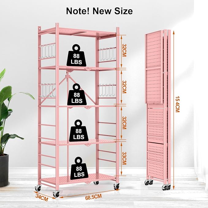 Himix Storage Shelves with 20 Hooks, 5-Tier Foldable Shelves for Storage, Folding Shelf Unit Pantry Shelves with Wheels, Standing Shelving Unit for Kitchen Garage Home Office Room Greenhouse, Pink