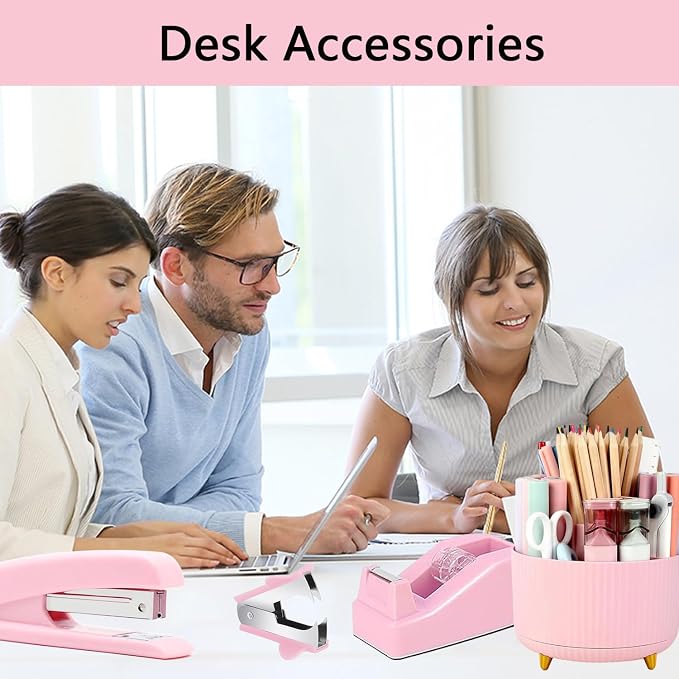Office Supplies,Pink Desk Accessories,Office Supplies Set,Desk Organizer,Stapler,Tape Dispenser,Scissors,Staple Remover,Binder Clips,Staples,Ballpoint Pen,Index Tabs with Ruler,Clear Tape.10pcs