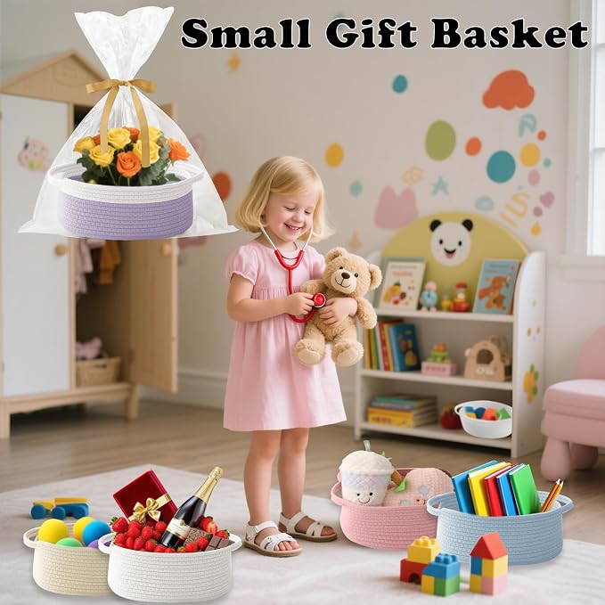 Woven Rope Basket - Baby Gift Basket with Bag & Ribbon, White&Purple | Cotton rope with handle, 12 x 8 x 5 in, gift bag and ribbon, for baby shower, birthday, toy storage, nursery, shelf decor