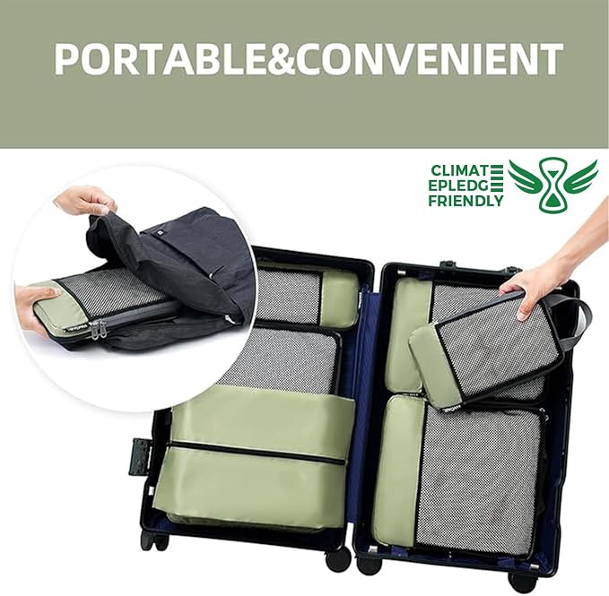 BAGAIL 4 Set/6 Set/8 Set Compression Packing Cubes Travel Accessories Expandable Packing Organizers (Half Mesh, 6-Matcha Green)
