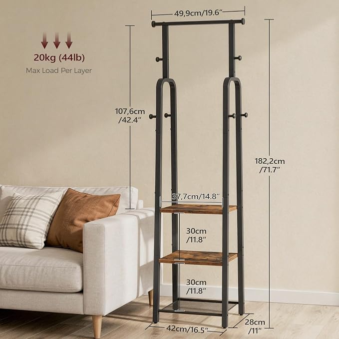 MAHANCRIS Coat Rack Freestanding, Hall Tree with 3-Shelves and 8 Hooks, Industrial Clothes Rack Stand Organizer for Entryway, Bedroom, Bags, Hats, Scarves, Rustic Brown and Black CRHR14901