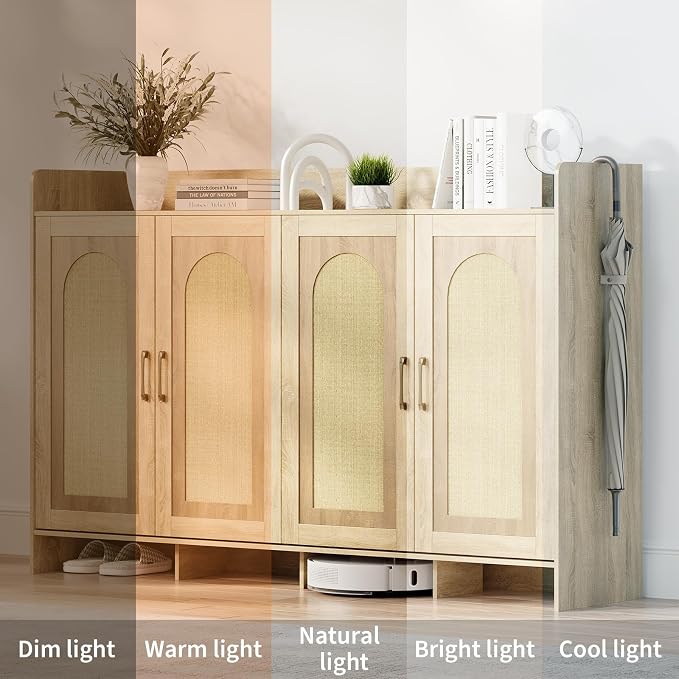 Garvee Shoe Cabinet Storage for Entryway, Rattan Shoe Rack with 4 Doors | Farmhouse Boho Wood Shoe Organizer Cabinet for Entrance Hallway Living Room Foyer