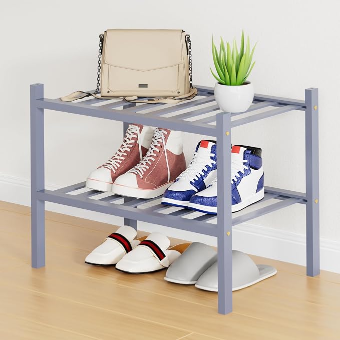 Smiry Bamboo Shoe Rack, 12 Vertical Slats, 2 Tier - 17.3" Wide, Grey | Stackable Free Standing Wooden Shoe Organizer, Wood Shoe Storage Shelf for Closet, Entryway