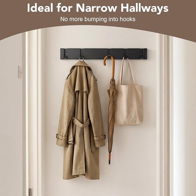 Wall Coat Rack with 5 Foldable Hooks, Black Metal Coat Hooks Hanger | Heavy-Duty Metal, Space-Saving Flip-Down Hooks, Easy Wall Mount, Ideal For Entryway, Bathroom Or Behind Doors