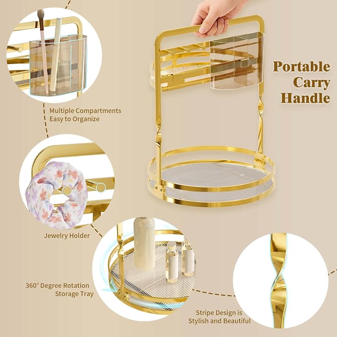 360° Rotating Makeup Organizer for Vanity, Gold Bathroom Organizer | 2-Tier Perfume Organizer with Makeup Brush Holder & Jewelry Hooks,Spinning Counter Shelf Storage for Perfume Skincare Dresser