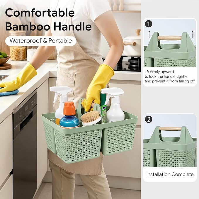 UUJOLY Portable Plastic Shower Caddy Basket with Wooden Handle, Green | Divided Storage Organizer Tote for Bathroom, Dorm, College, Kitchen & RV – Lightweight, Easy-Carry Essentials Caddy