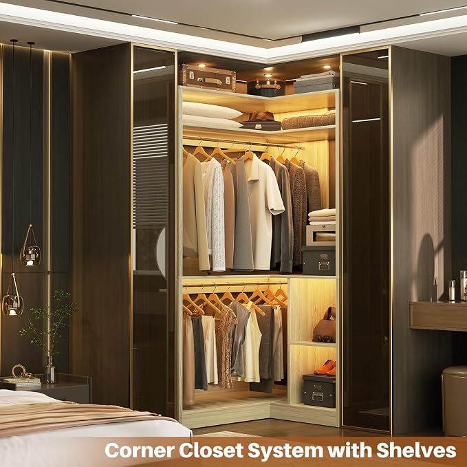 Aheaplus Corner Closet System with Shelves, 34’’ Closet Organizer System with Hanging Rods, Wood Walk-in Closets for Corner Small Space,Freestanding Corner Tower, L Shaped Garment Rack, White Oak