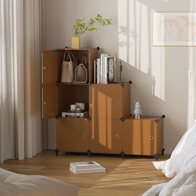 6Cube Storage Organizer Modular Stackable with Doors Brown | Sturdy plastic 6-cube cabinet with doors, 30x30x30cm per cube, tool-free snap assembly, ideal for bedroom, stairs, closet.