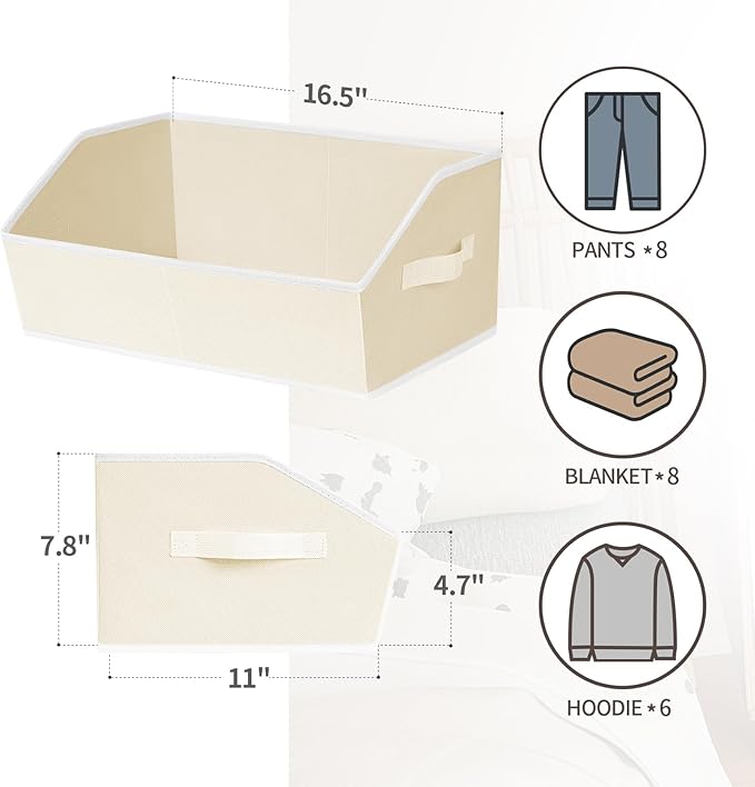 Homsorout Cube Storage Organizer - Large Bins with Handle, Trapezoid Organizing Baskets for Shelves, Decorative Storage Baskets for Clothes, Blankets, Books, 4 Pack, Beige