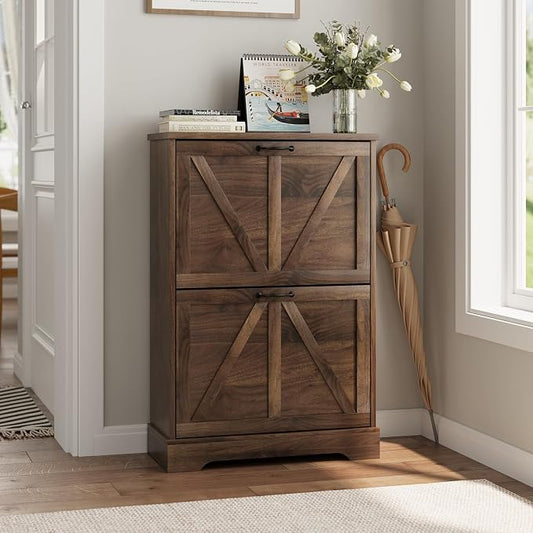 Smart FENDEE Shoe Cabinet, Shoe Storage Cabinet for Entryway with 2 Flip Drawers, Narrow Farmhouse Shoe Organizer Cabinet, Slim Shoe Rack Cabinet, 23.6in Walnut