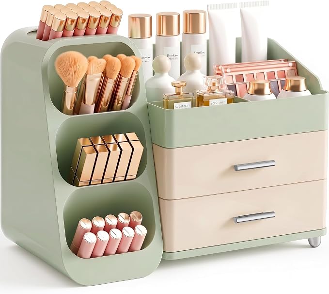 Booklov Large Makeup Organizer for Vanity Countertop, Green Cream | Plastic Cosmetic Display Case with Drawers, Beauty Brush Holder for Bathroom Counter, Skin Care Perfumes Storage