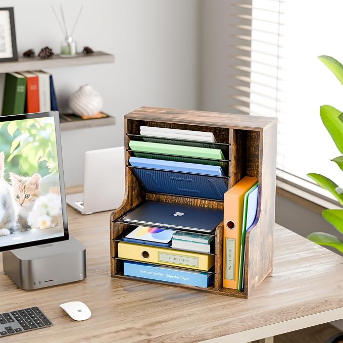 Simple Trending 7- Tier Desk File Organizer, Paper Organizer, Rustic Brown | Adjustable Letter Trays, Wooden Desk Accessories with Side File Holder, for Office Home Classroom, 16"L x 9"W x 17"H