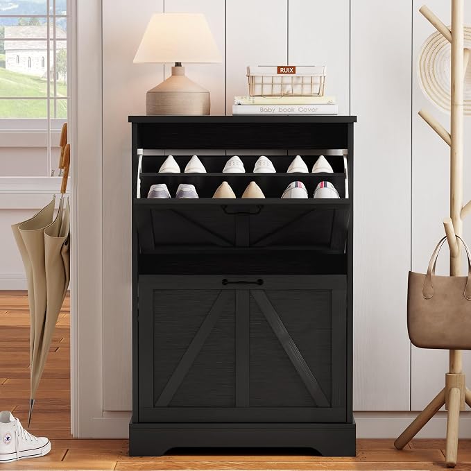Semiocthome Farmhouse Shoe Storage Cabinet with 2 Flip Drawers, 23.6"(W) Freestanding Shoe Organizer with Barn Door and Metal Handles for Entryway, Corner Rustic Narrow Shoe Rack Cabinet - Black