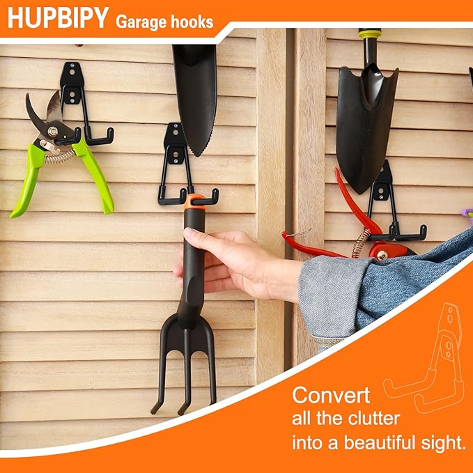 HUPBIPY Heavy Duty Garage Hooks 6 Pack, 2.8 inch Small U Shaped Hanger, Wall Mounted Storage System, Power and Garden Tool Organizer, for Hanging Ladders, Hose, Bulk Items and More