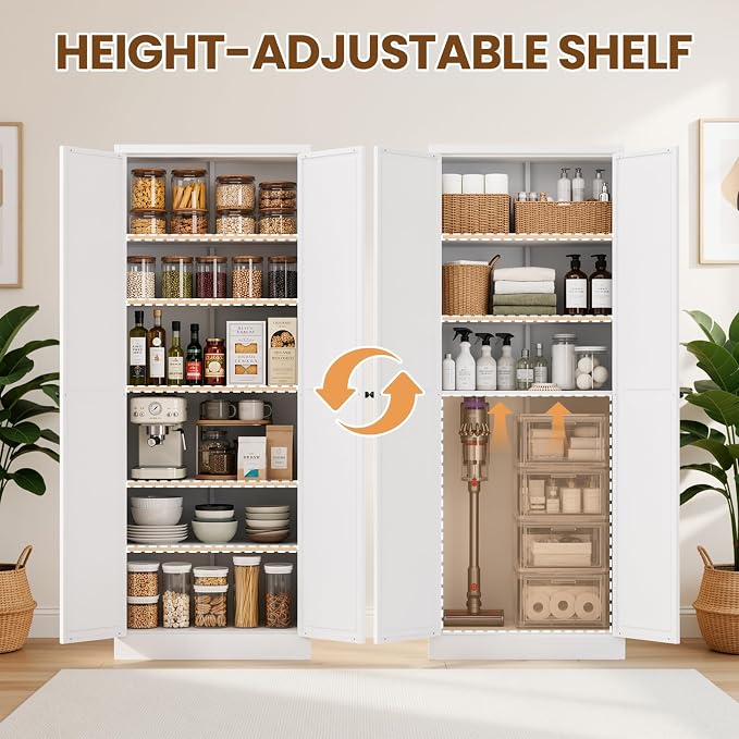 Metal Storage Cabinet, 72" Tall Kitchen Pantry Cabinet with 2 Doors and 5 Adjustable Shelves, White Steel Storage Cupboard for Dining, Office, Living Room, Bathroom
