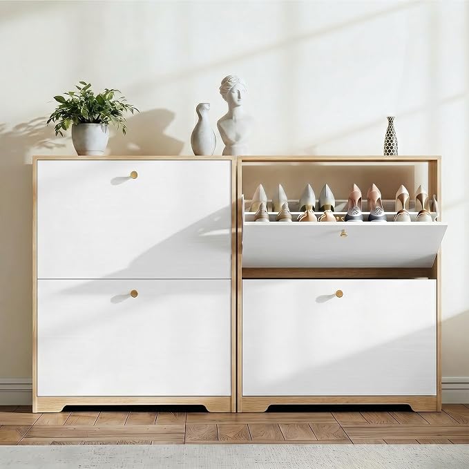 Nicetree Shoe Cabinet with 2 Flip Drawers, Narrow Shoe Organizer Cabinet, Freestanding Shoe Rack Cabinet, Modern Shoe Storage Cabinet for Entryway, Hallway, Foyer, Natural Oak and White