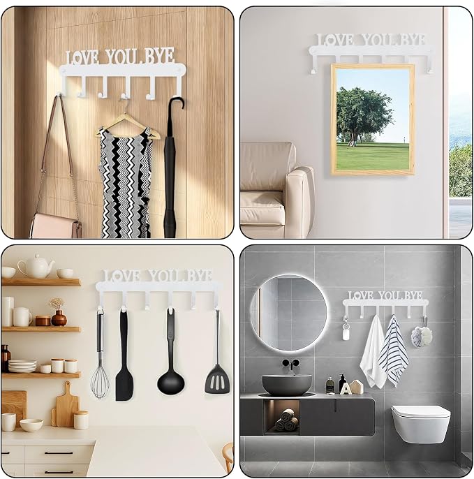 Key Holder for Wall - 'Love You Bye' Key Hooks, White, 6 Hooks | Key Holder Wall Mount Self Adhesive, Key Rack Wall Mount for Wall No Drill for Living Room, Kitchen, Bathroom, Garage