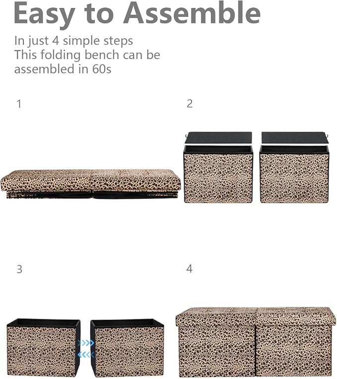 AmasSmile Footrest Ottoman Storage Bench, 34" Velvet Folding Stool,Leopard | Large Ottoman with Storage, Thicker Foam Padded Seat, Livingroom, Dorm, Bedroom, Entryway, Easy to install, 34 x 13 x 13in