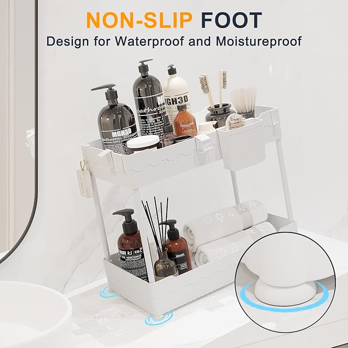 Sevenblue 2-Pack Under Sink Organizer with Hooks & Hanging Cup for Kitchen | Multi-use kitchen & bathroom storage, 12.8 inch white cabinet organizer, with hooks and hanging cup for easy access.