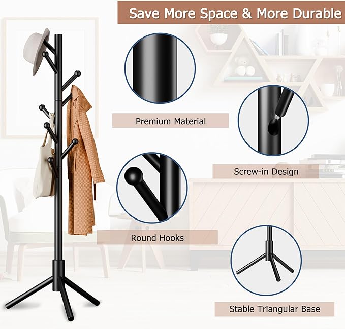 8-Hook Freestanding Coat Rack 3 Heights Safe Round Tips Black | Smooth Round Tips Prevent Slipping,Tool-Free Assembly,Holds Clothes Hats Handbags,Ideal for Entryway Bedroom Hallway Office