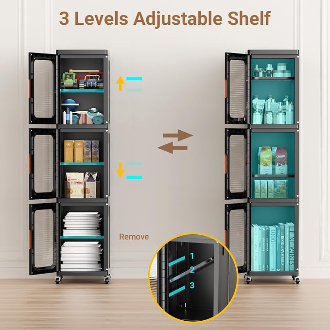 BROVIEW 3-Tier Tall Narrow Storage Cabinet Organizer, Slim Bathroom Cabinets with Adjustable Shelves and Doors, Plastic Kitchen Pantry Organizers and Storages for Small Space, Laundry, Black