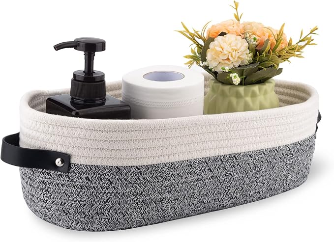 Small Cotton Rope Woven Basket Toilet Paper Baskets for Organizing Decorative Basket for Boho Decor Small Storage Basket 13"x5.9"x4" Variegated Gray&White