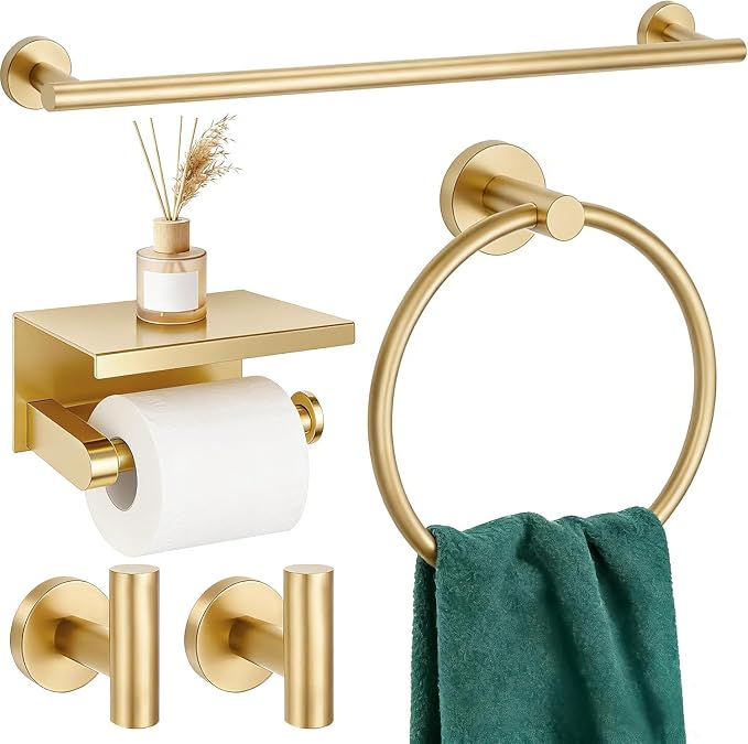 5 Pieces Brushed Gold Bathroom Hardware Accessories Set, SUS304 Stainless Steel 24 Inch Bath Towel Bar Set, Round Bathroom Towel Holder Set, Towel Racks for Bathroom Wall Mounted