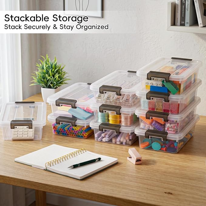 Small Storage Bins with Lids 10 Pack 3Qt Clear Stackable Containers Boxes | Clear Plastic, Lidded Containers, Stackable Design, for Home Office Pantry and Small-Item Organization