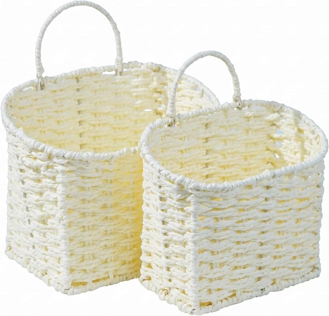 Coeusy Hanging Basket, Paper Roper Wall Basket for Laundry,Entryway,Nursery,Bathroom, Large Door Basket for Flowers,Planters,Mail,White