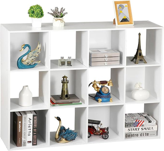SUPER DEAL 12-Compartment Open Shelf Bookcase, 47 inch Wide Cube Storage Cabinet Wood Cubical Bookshelves Display Unit with 6 Removable Back Panels for Living Room Bedroom, White