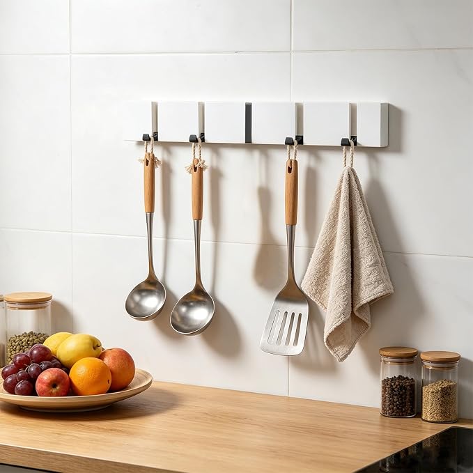 Wall Mounted Coat Rack, Heavy Duty Folding Coat Hooks Wood Retractable Wall Hooks for Hanging Purse Clothes Keys, Towel Hooks Rack for Bathroom Wall Coat Hanger for Entryway (5 Hooks,White)